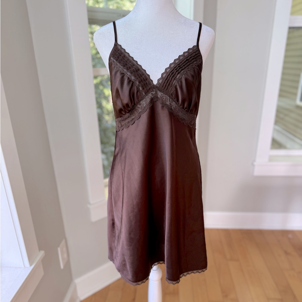 Vintage 90s Secret Treasures Chocolate Brown Satin Lace Slip Dress Size Medium